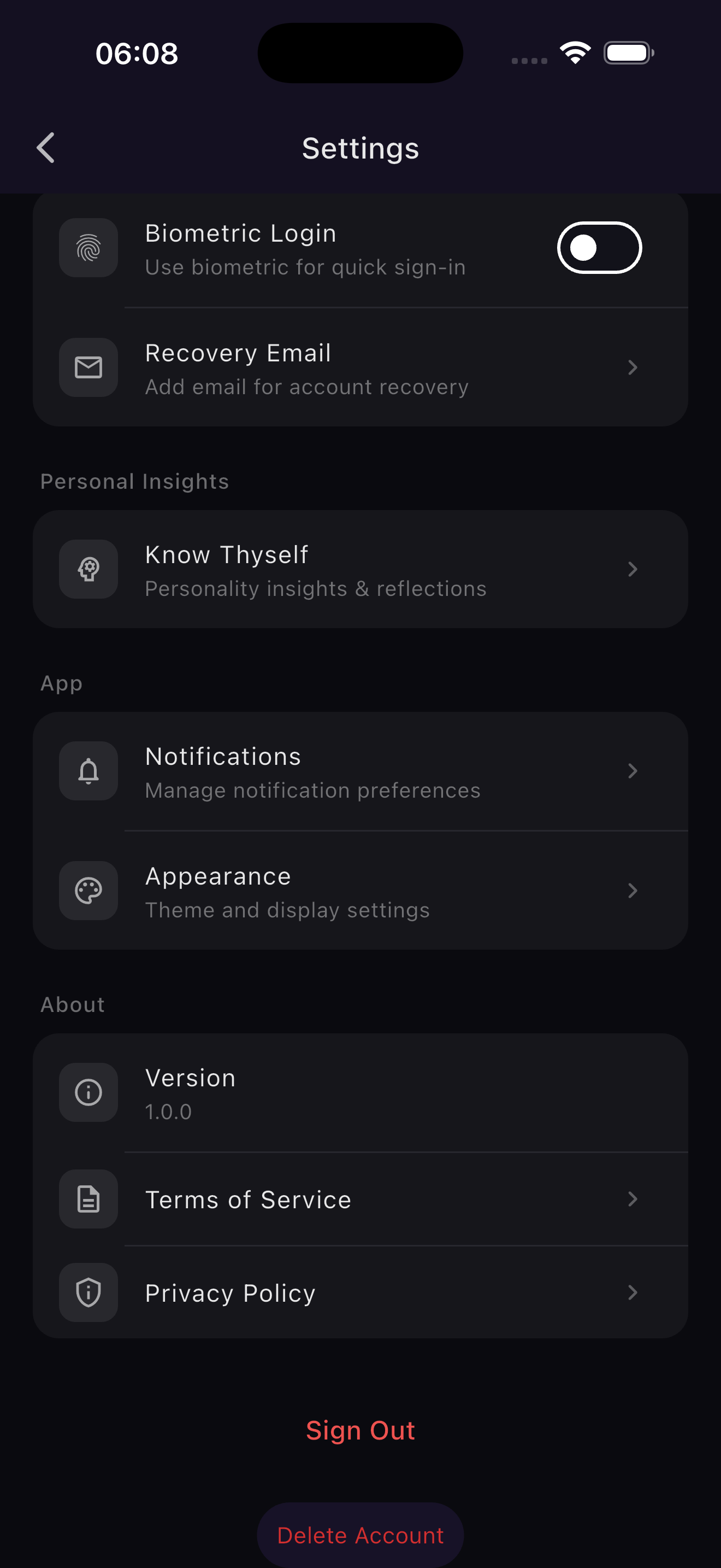Delete Account option in Pop Settings